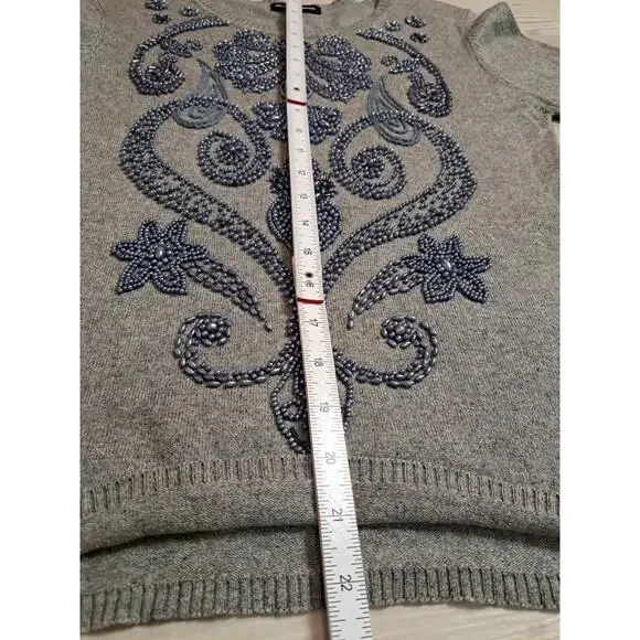 Michael Simon Womens Sz L Henley Sweater Silk Cashmere Gray Embellished Thermal - Picture 8 of 11